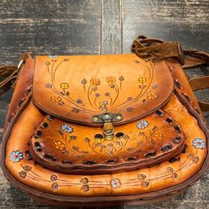 Floral Embroidered Tan Leather Bag